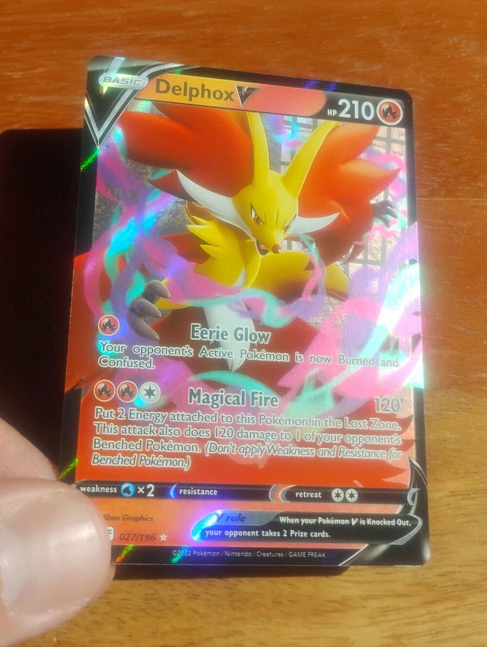 Near Mint Holo Ultra Rare Full Art Delphox V 027/196 Lost Origin Pokemon Card